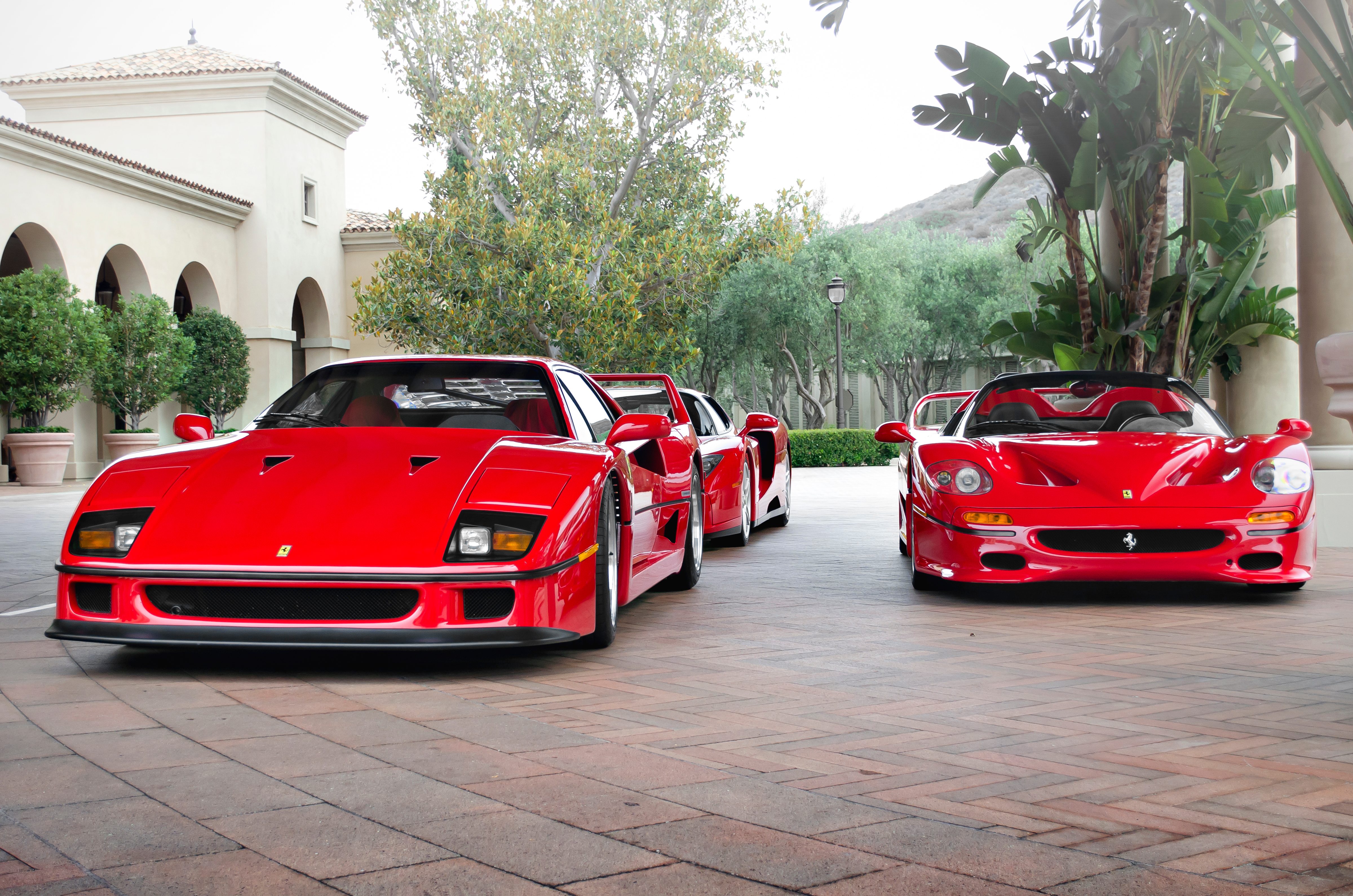Ferrari F50, F40, an Enzo parked together with front views