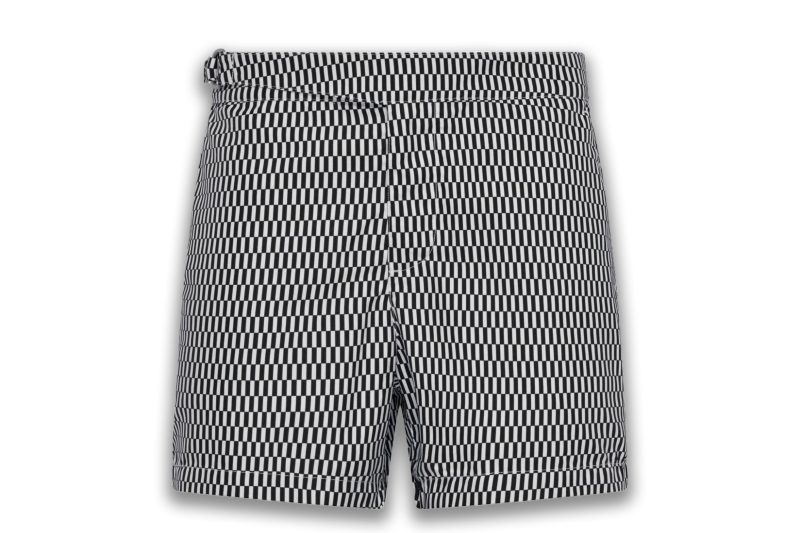Gusari Deia Swim Trunks in a micro-checked print on a white background.