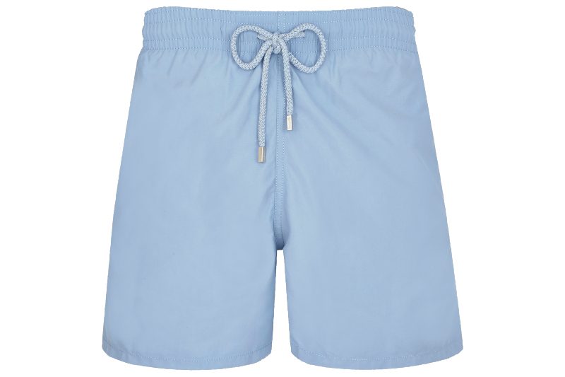 Vilebrequin Solid Swim Trunks in powder blue on a white background.