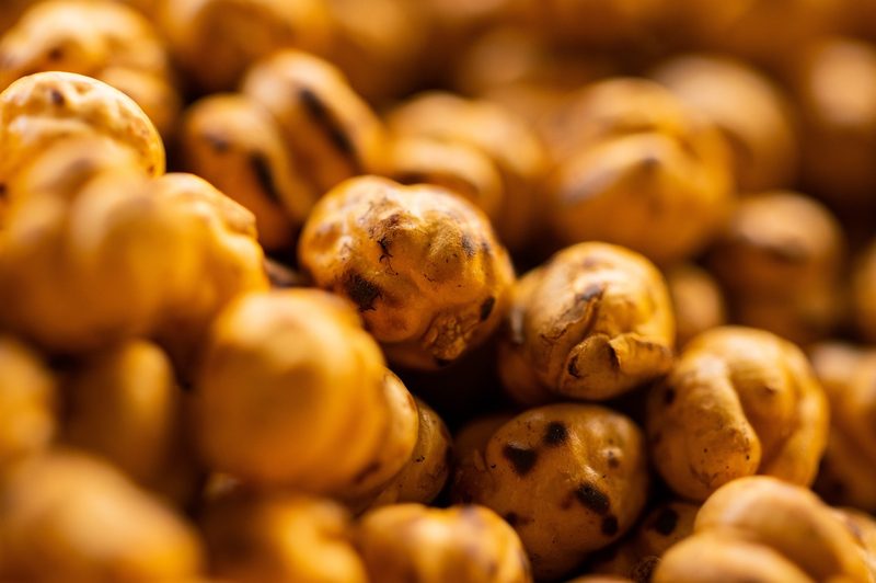 A close-up of roasted chickpeas.