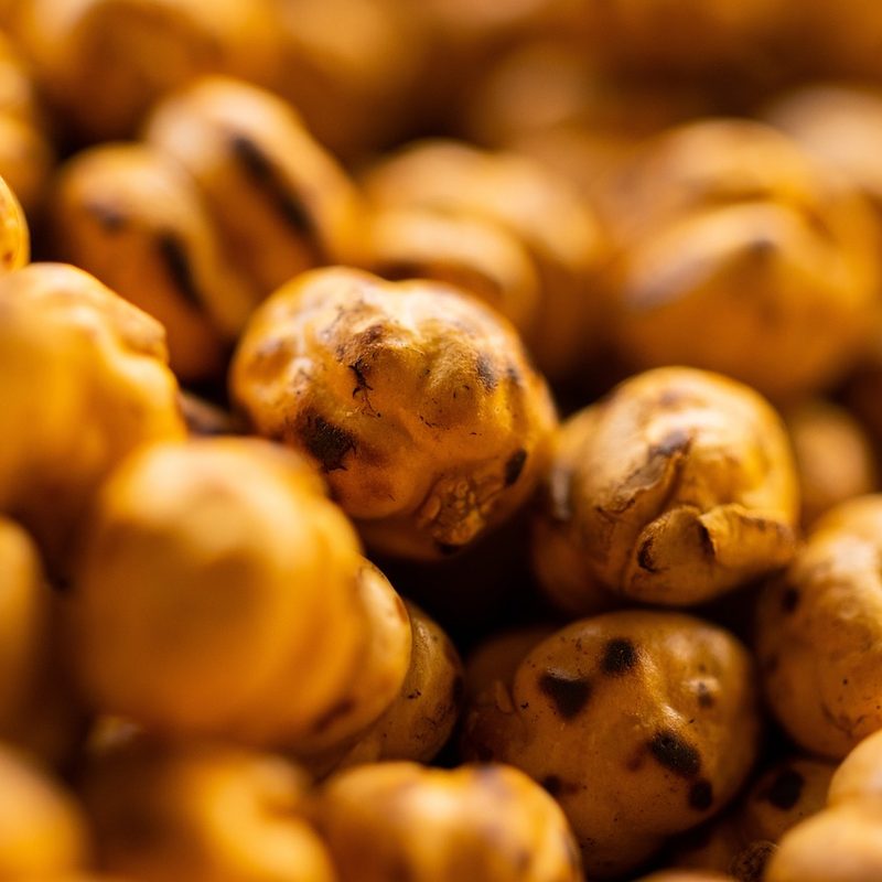 A close-up of roasted chickpeas.