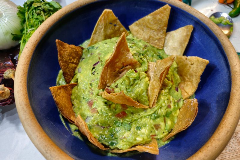 A look at a bowl of homemade guacamole at Las Colibris Casitas in Todos Santos, Baja California Sur, Mexico.