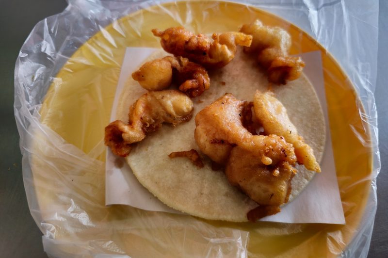 A fish taco at Tacos El Estadio in La Paz, Baja California Sur, Mexico.