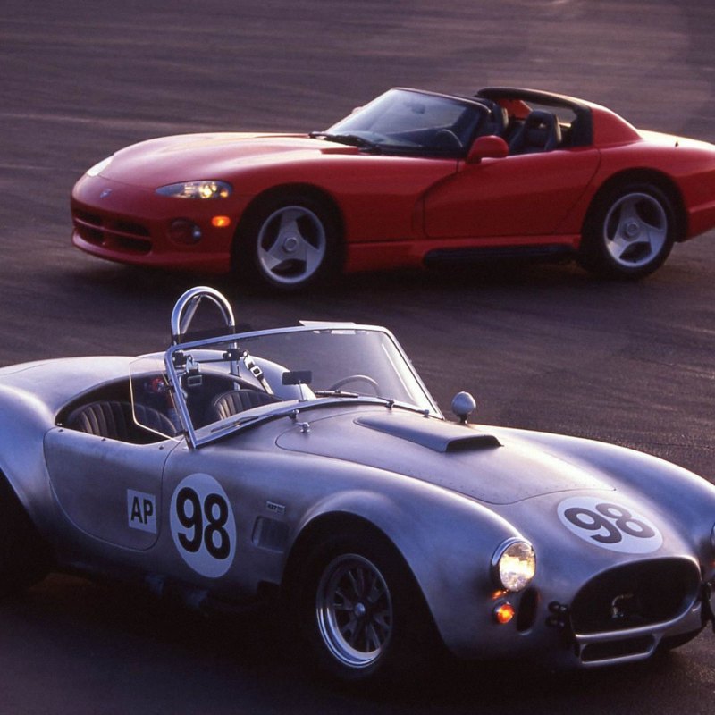 Shelby Cobra and first gen Dodge Viper parked side by side