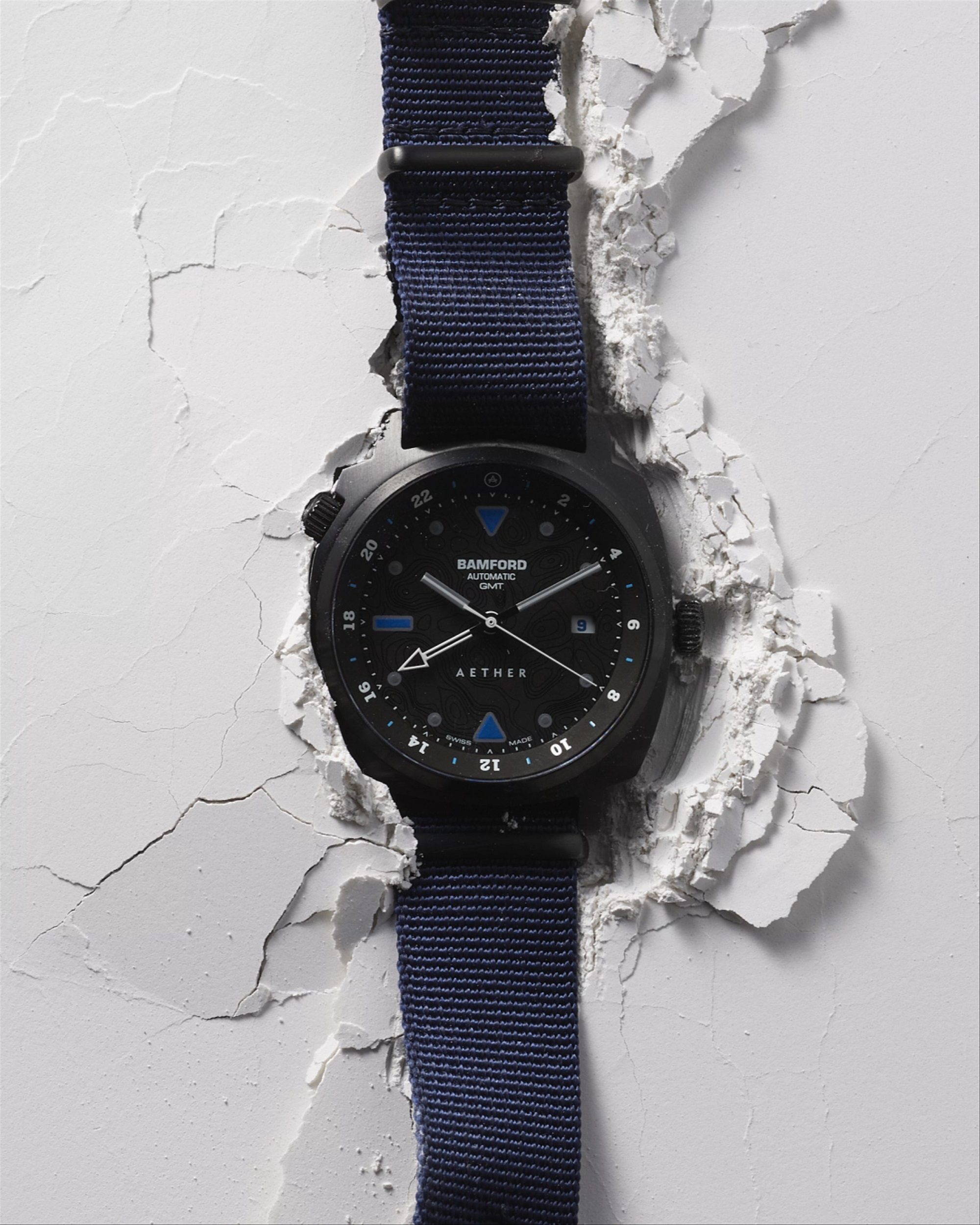 Aeford + Bamford collaboration watch against white background