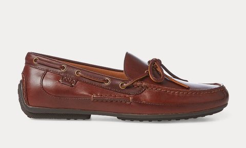 Ralph Lauren Roberts Leather Driver in brown leather on a light gray background.