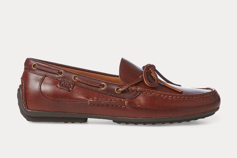 Ralph Lauren Roberts Leather Driver in brown leather on a light gray background.