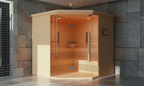 Infrared sauna in the corner of a room.