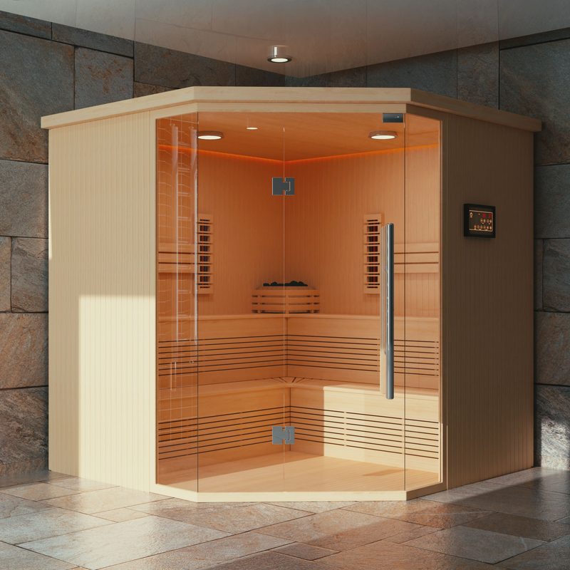 Infrared sauna in the corner of a room.