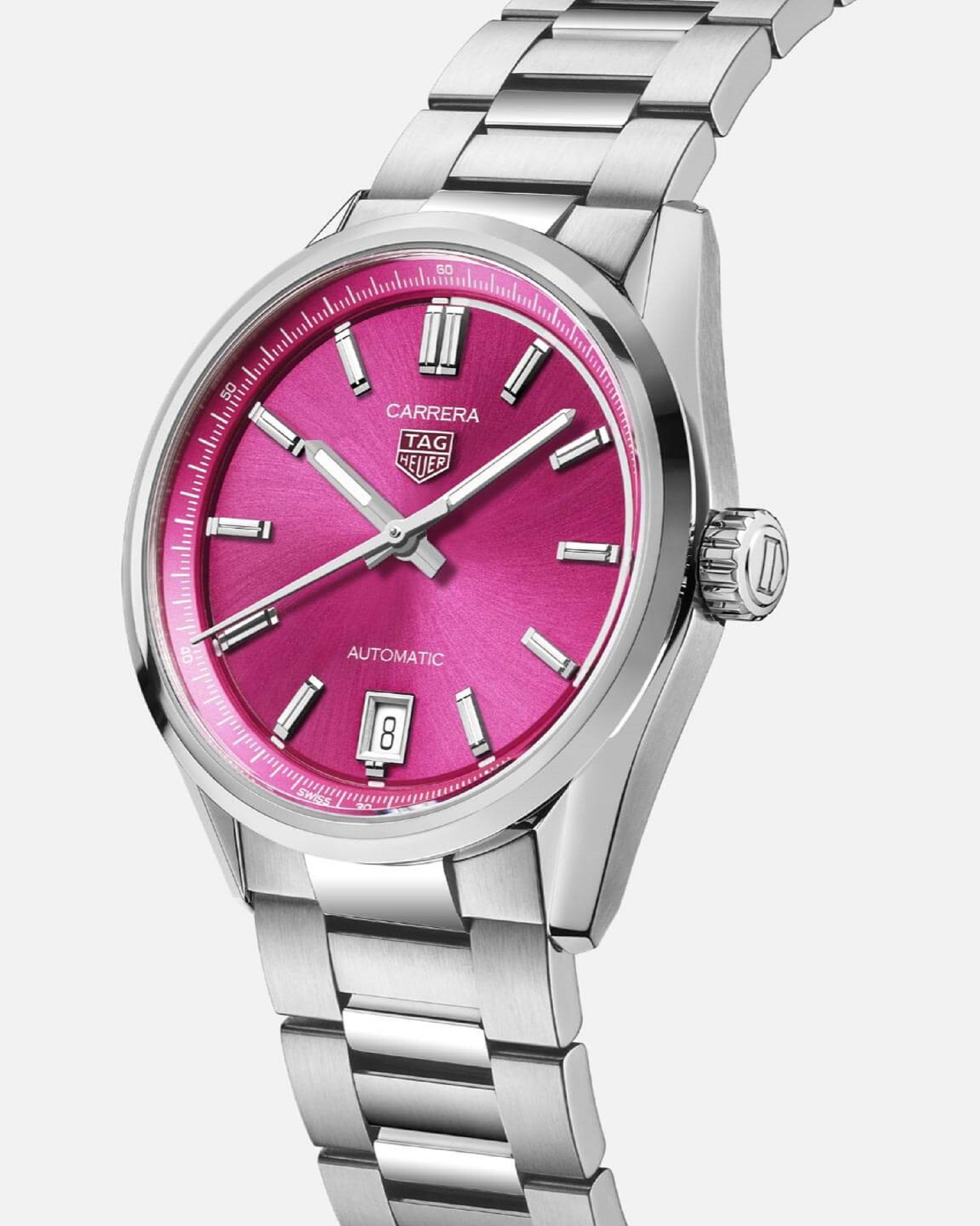 Close up of the TAG Heuer Carrera pink watch