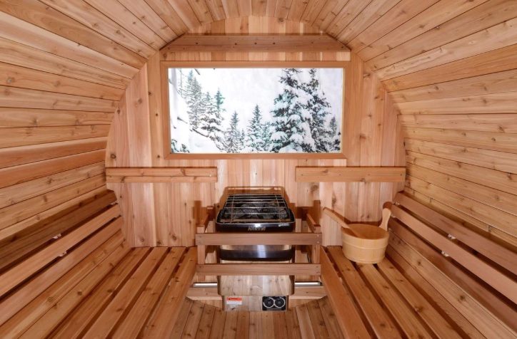 The inside of a Barrel Sauna