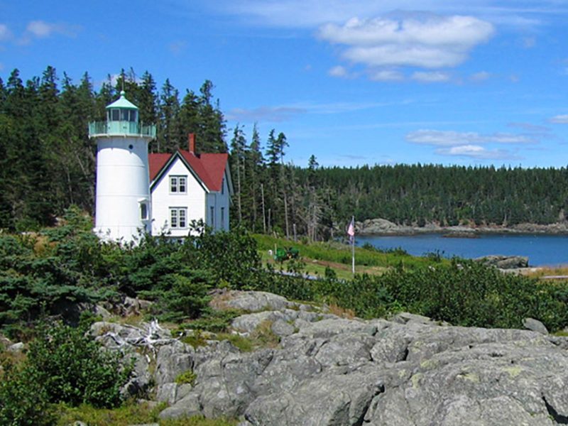 The lighthouse and inn keeper's house at Little River Lighthouse in Rockland, Maine