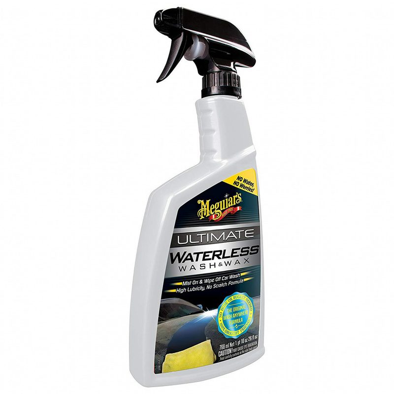 Spray bottle of Meguiar's Ultimate Waterless Wash & Wax against on a white background.