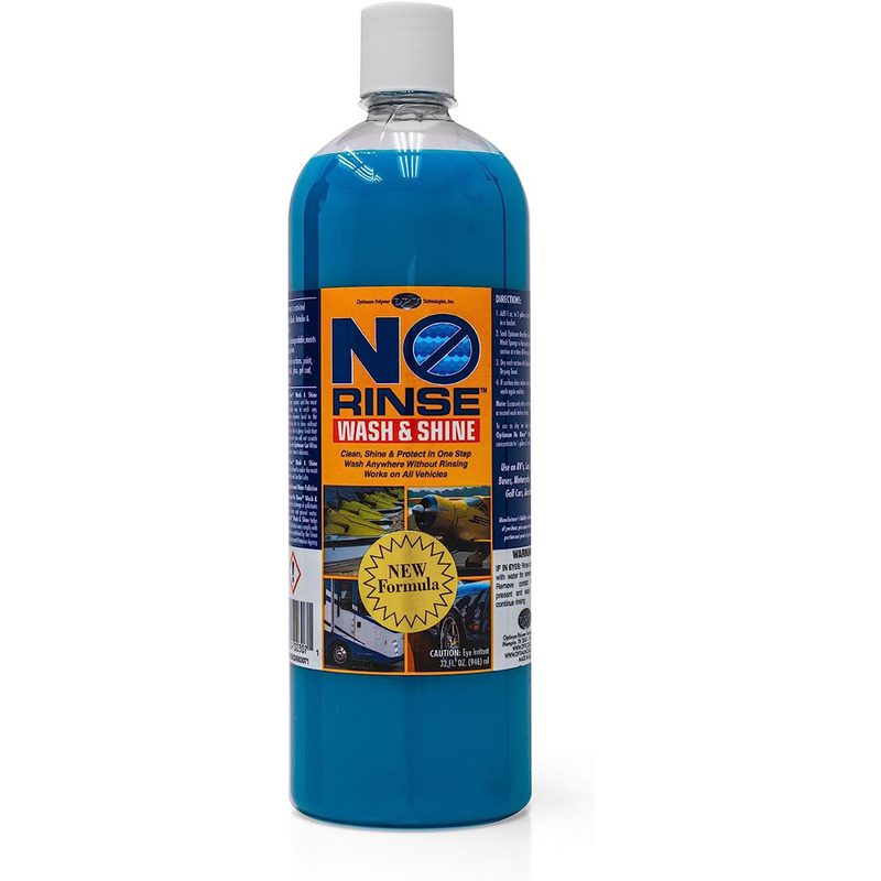 Bottle of Optimum No Rinse Wash and Shine car wash soap on a plain white background.