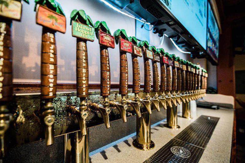 Row of beer tap handles at The Tap Room in St. John, USVI.