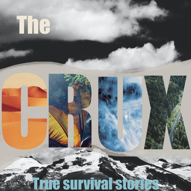 The CRUX logo, the word CRUX is written out in impressive lettering, each containing one of the four elements, overlaid on top of an imposing looking mountain.