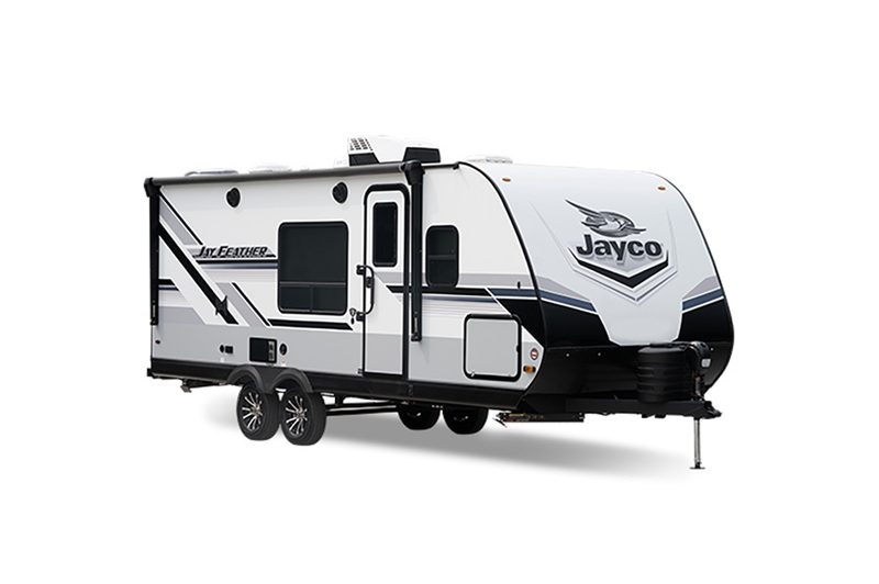 2024 Jayco Jay Feather travel trailer isolated on a plain white background.