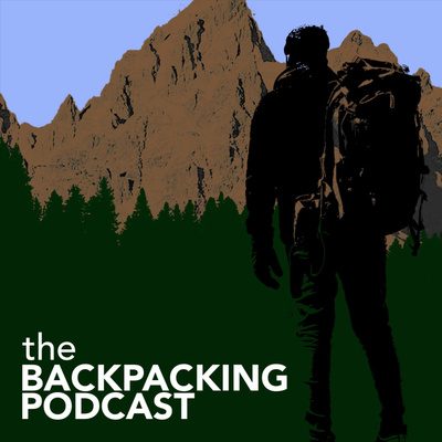 The Backpacking Podcast Logo, a man wearing a large hiking backpack faces a steep, sheer mountain face.