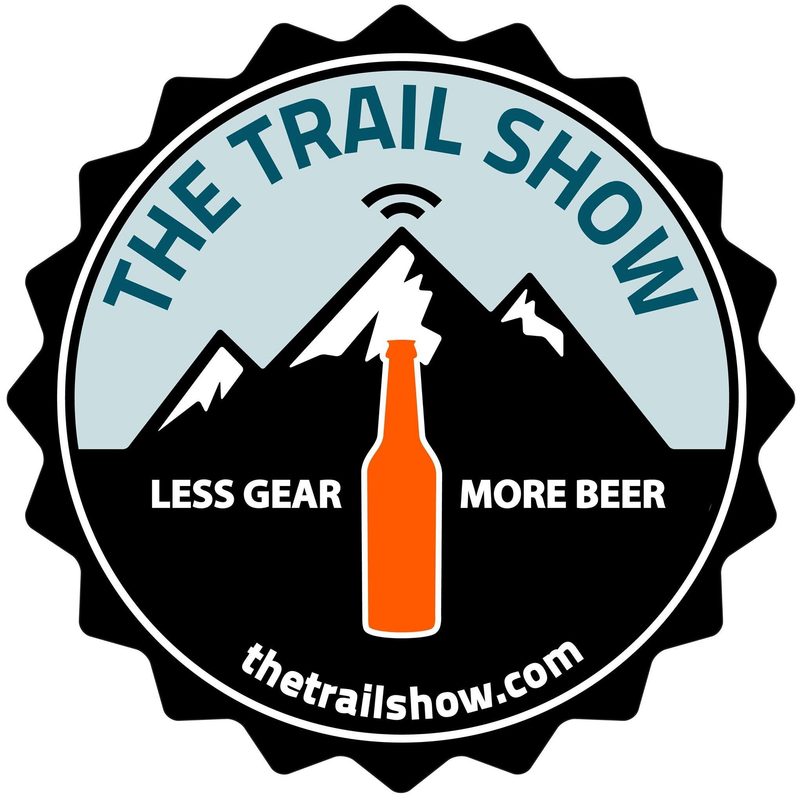 The Trail Show Logo, a beer bottle infront of some drawn mountains with the words 'The trail show' overhead. Alongside the beer bottle, the worlds 'less gear, more beer' are written.
