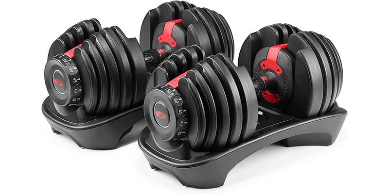 Two Bowflex SelectTech 552 Adjustable Dumbbells on a white background.
