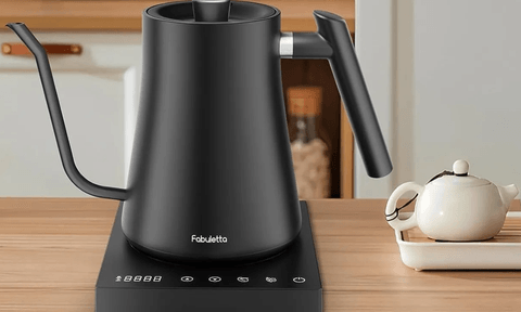 Fabuletta gooseneck electric kettle on a table.