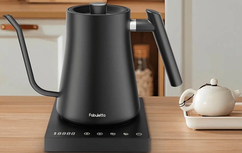 Fabuletta gooseneck electric kettle on a table.