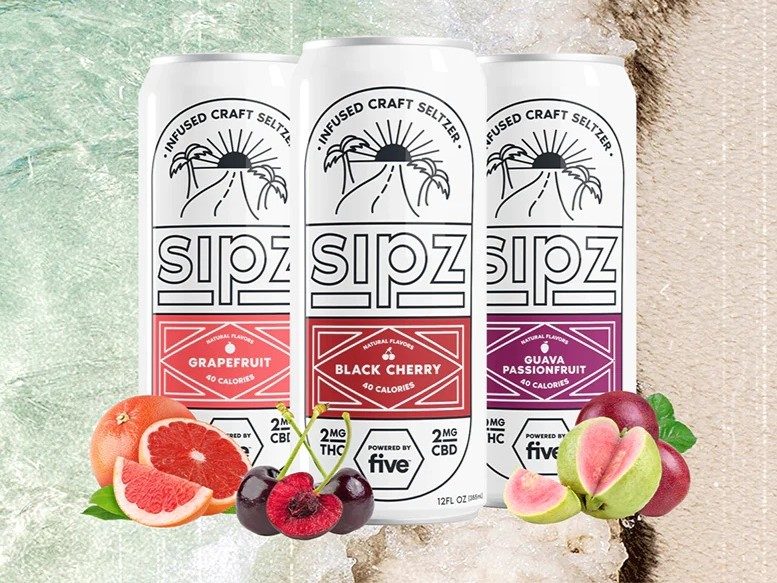 Five CBD Sipz flavors on beach