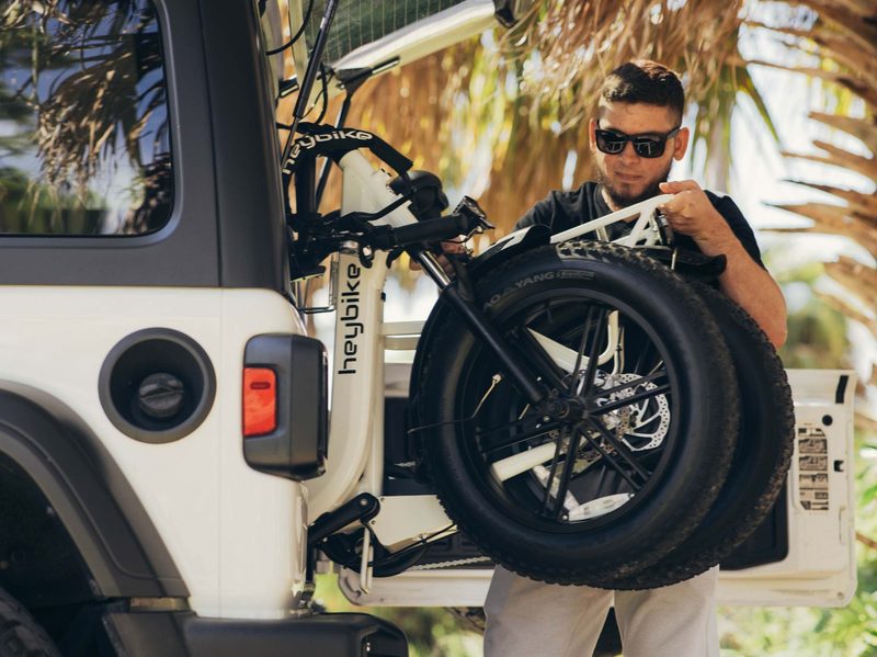 Heybike Ranger folded up to stow
