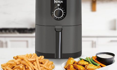 The Ninja AF080 Mini Air Fryer with two plates of food.
