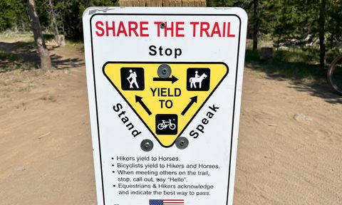 A "share the trail" sign showing proper etiquette of who yields to who on the trail.