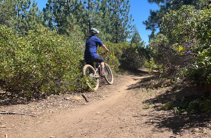 A mountain biker pulls off to the side of the trail allowing others the right of way
