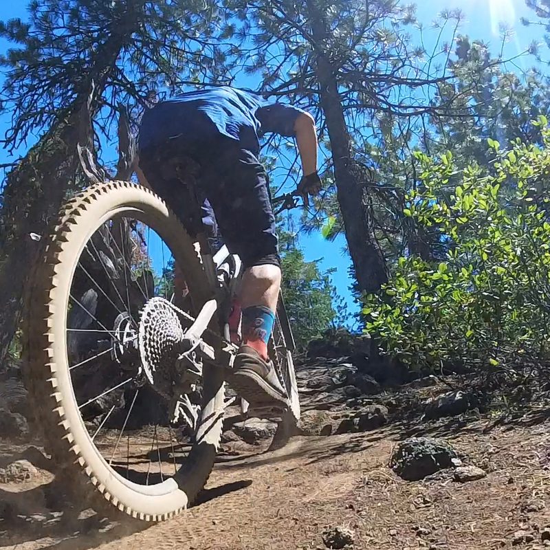 Pedaling a mountain bike up a hill is harder than going down. Riders coming down should stop.