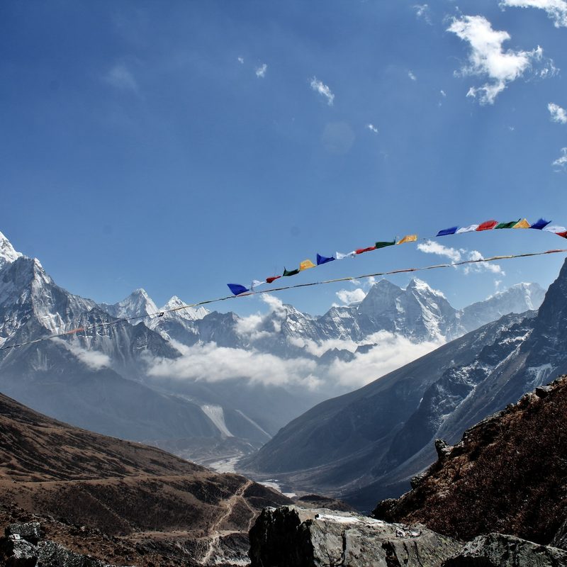 Prayer flags in front of Mount Everest.