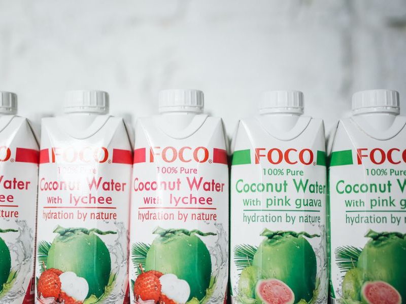 Rows of coconut water at the store