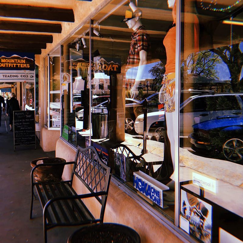Front entrance to Taos Mountain Outfitters outdoor gear shop in Taos, New Mexico.