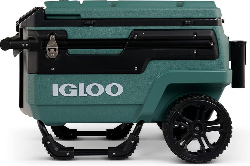 Igloo 70 Qt Premium Trailmate Wheeled Rolling Cooler (in Spruce green) on a plain white background.