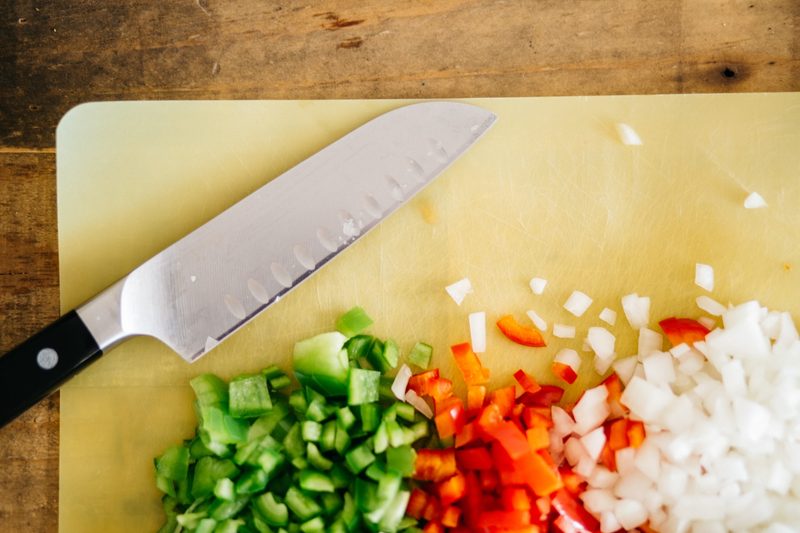 Chopped vegetables on cutting board