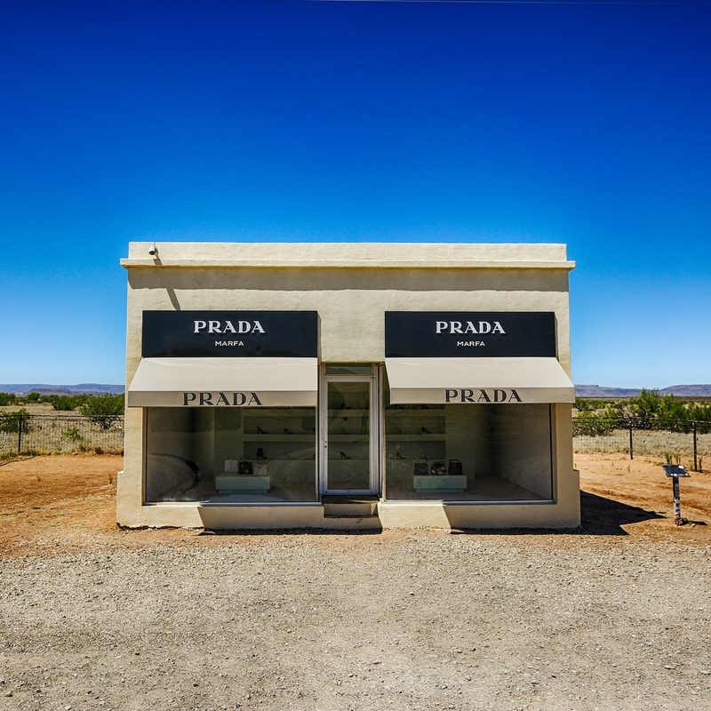 An art installation Prada storefront in Marfa, Texas on Route 90