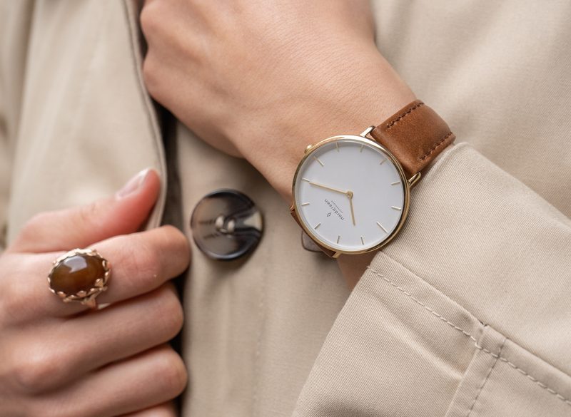 Watch on a wrist in front of coat