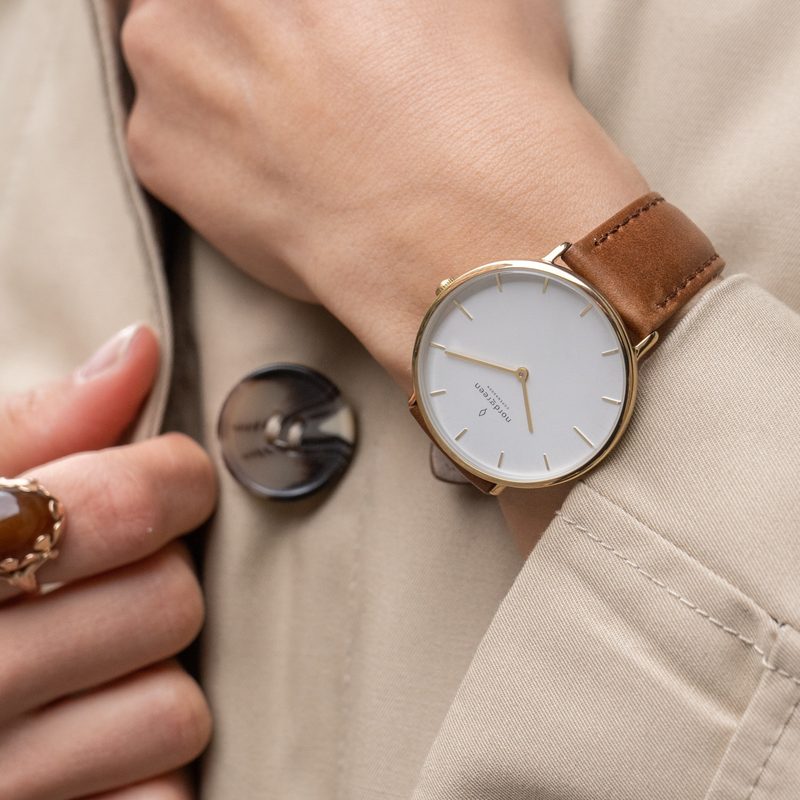 Watch on a wrist in front of coat