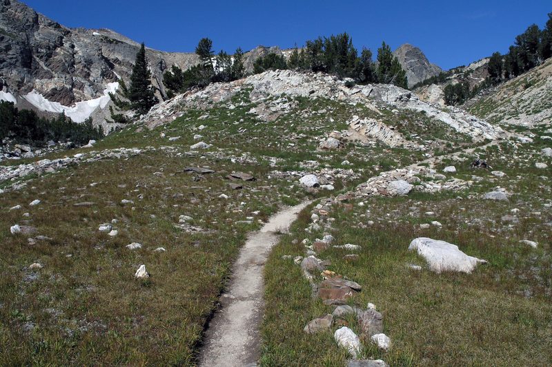 Looking up a rocky trail through Paintbrush Canyon in Grand Teton National Park.