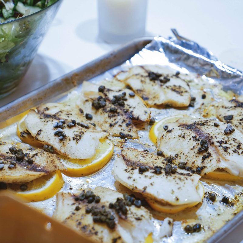 Sheet pan fish with lemon and capers