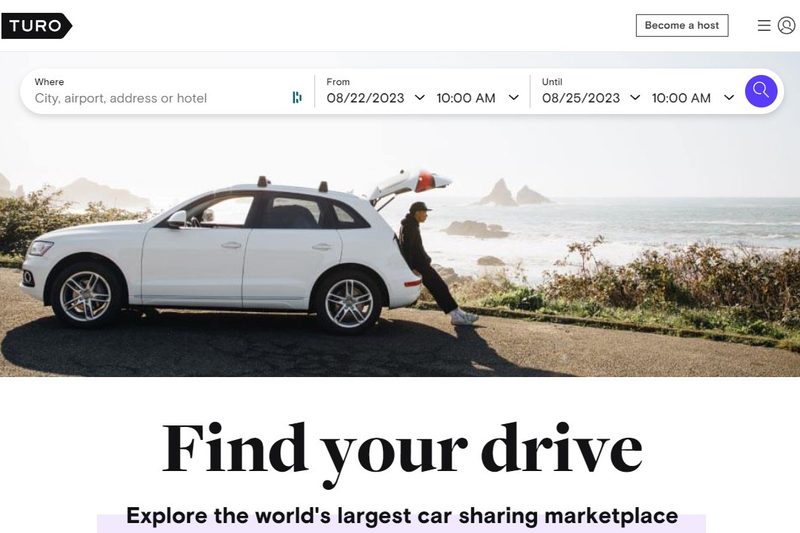 Homepage screenshot of Turo.com car-sharing marketplace.