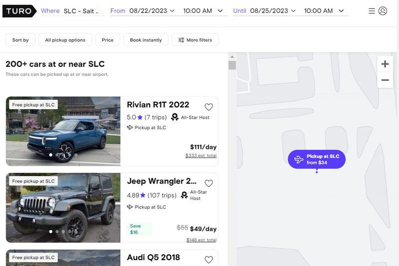Search results page of the Turo car-sharing marketplace.