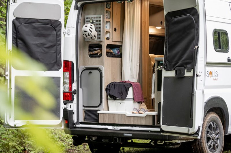 View from outside the rear mudroom/wet bath of the Winnebago Solis Pocket 36B RV.