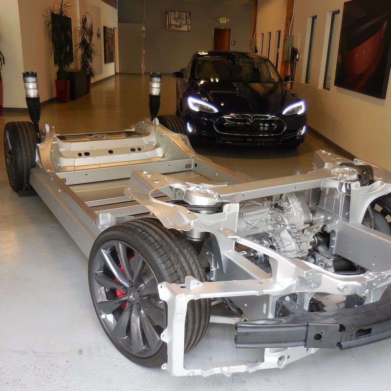 Tesla chassis in showroom