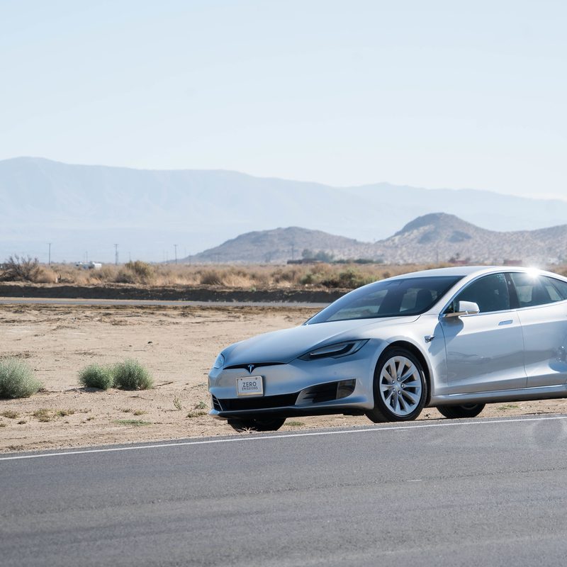 Tesla Model S in the desert front 3/4 view