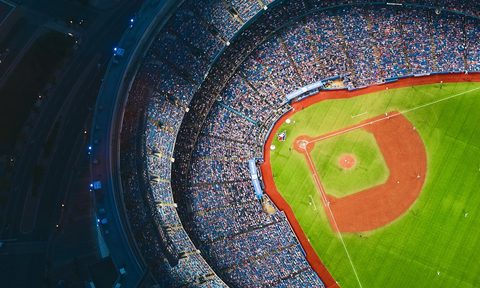 Arial view of full baseball stadium