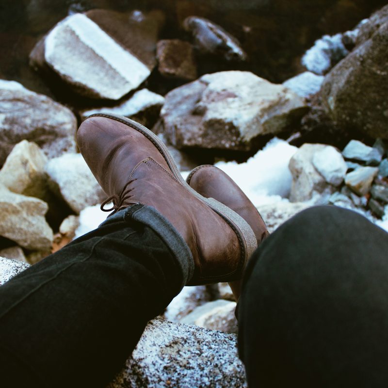 Brown chukka boots on rocks