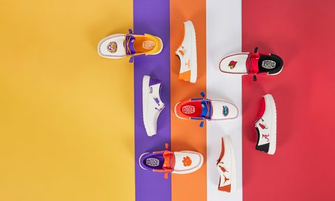 HEYDUDE Collegiate Collection lined up on colorful background